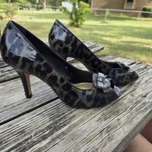 Antonio Melani Black Patent Leopard Cheetah‎ Print Open Toe Heels With Bow